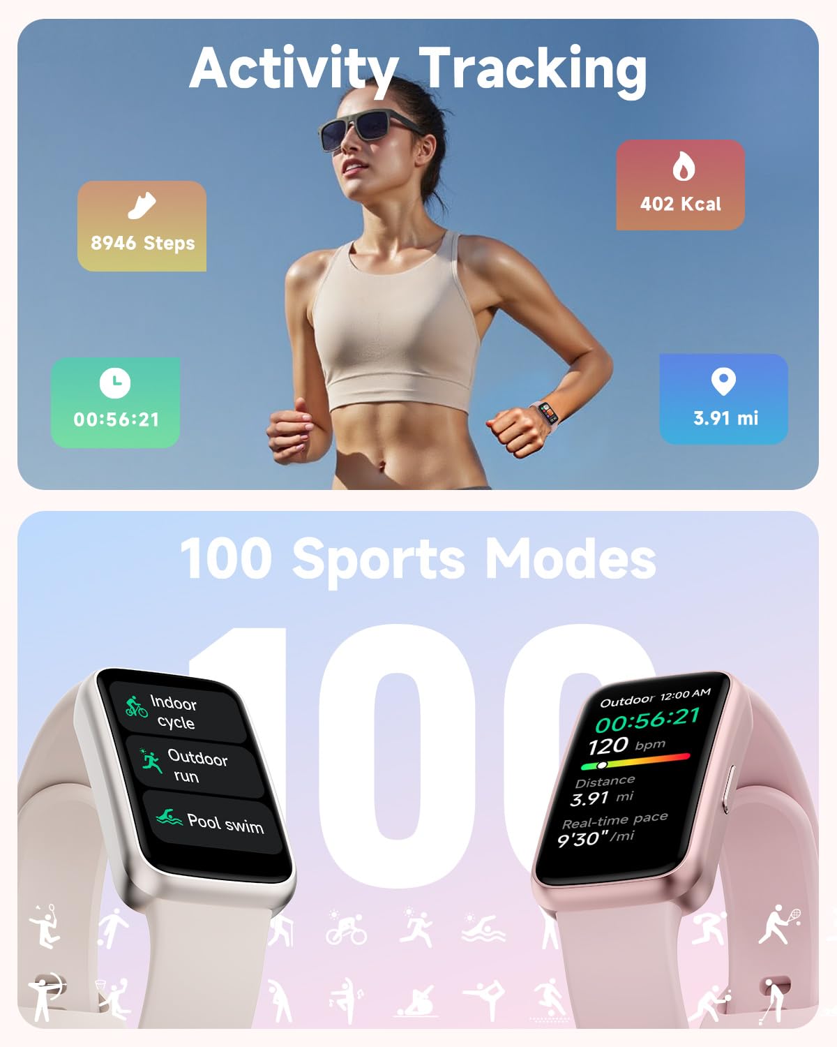 TOOBUR Fitness Tracker Watch, NO APP NO Phone Required, 3ATM Waterproof, Heart Rate/Body Energy/Sleep Monitor, 100 Sports Modes, Step Counter Pedometer Watch, Activity Tracker for Women, Pink