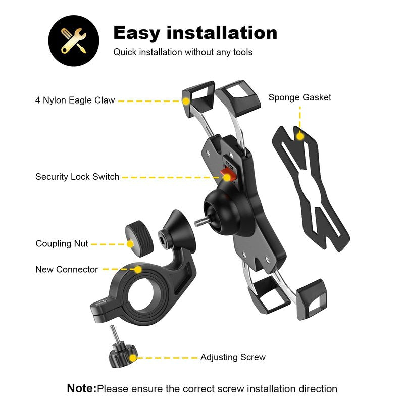 visnfa New Bike Phone Mount with Stainless Steel Clamp Arms Anti Shake and Stable 360° Rotation Bike Accessories/Bike Phone Holder for Any Smartphones GPS Other Devices Between 4 and 7 inches