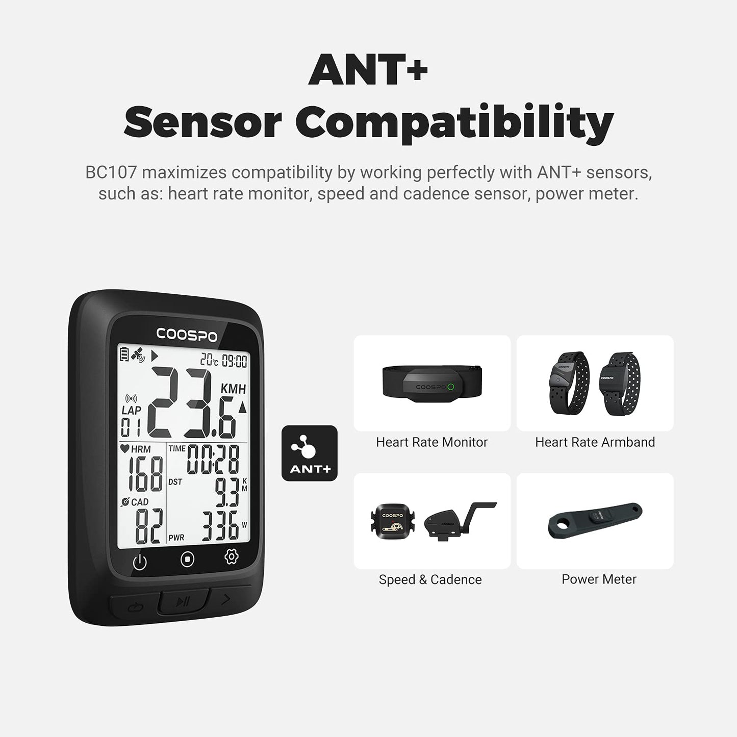 COOSPO GPS Cycling Computer BC107 & Bike Cadence/Speed Sensor BK467, Wireless Bike GPS Speedometer with 2.4 Inch Auto-Backlight Display, Bluetooth/ANT+ Bicycle Computer GPS Sync with Strava