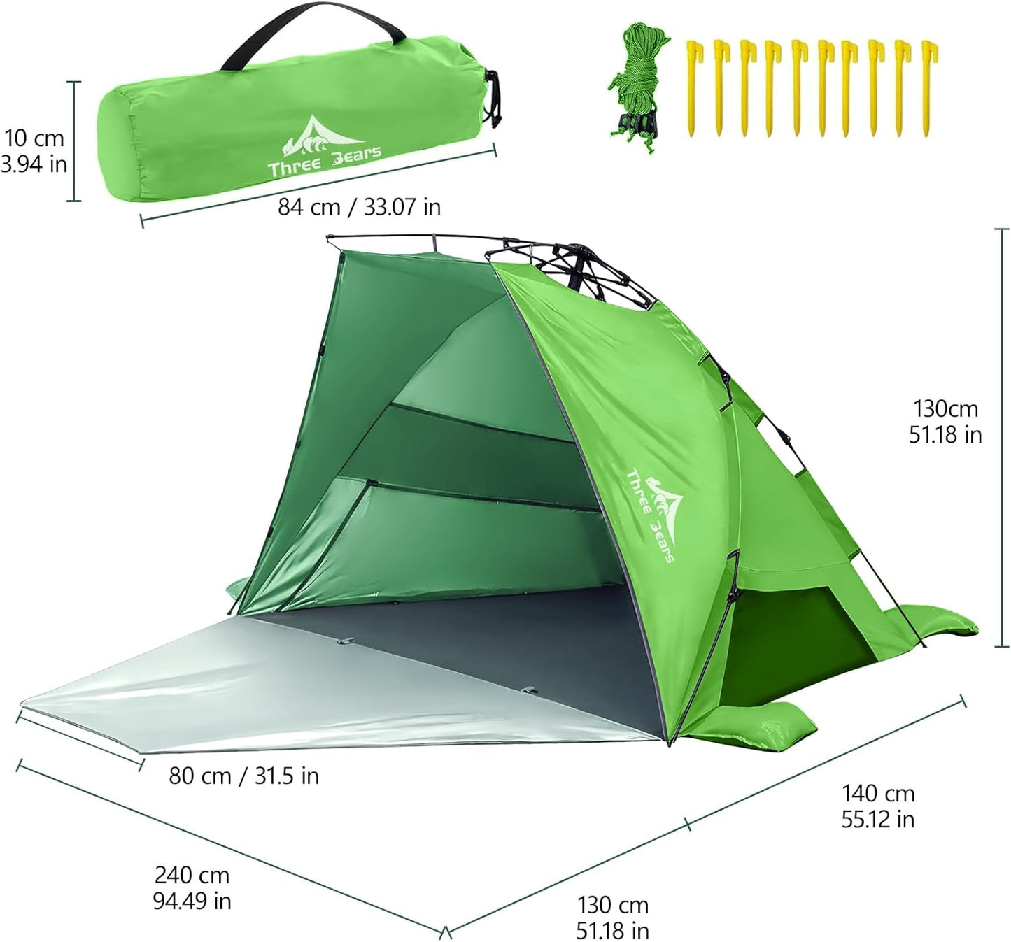 Three Bears Pop Up Beach Tent - Lightweight UV Protection Canopy for 3-4 People | Easy Setup, Green