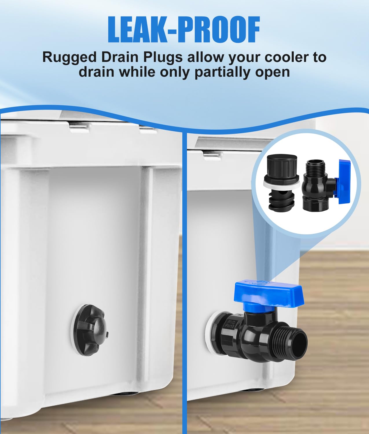 WADEO Cooler Drain Plug Hose Connection, Replacement Drain Plug with PVC Garden Hose Shut Off Valve for YETI Cooler, YETI Tundra Cooler, Roadie Cooler, Tank Cooler and RTIC 20QT, 45QT, 65QT Cooler