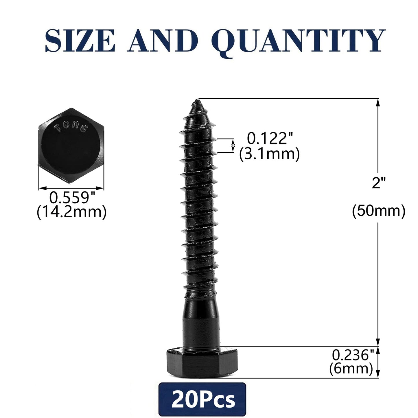 3/8" x 2" Hex Head Lag Screws Bolts 20Pcs 304 Stainless Steel 18-8, Partial Thread, Hexagon Head Wood Screws by Black Oxide by SG TZH