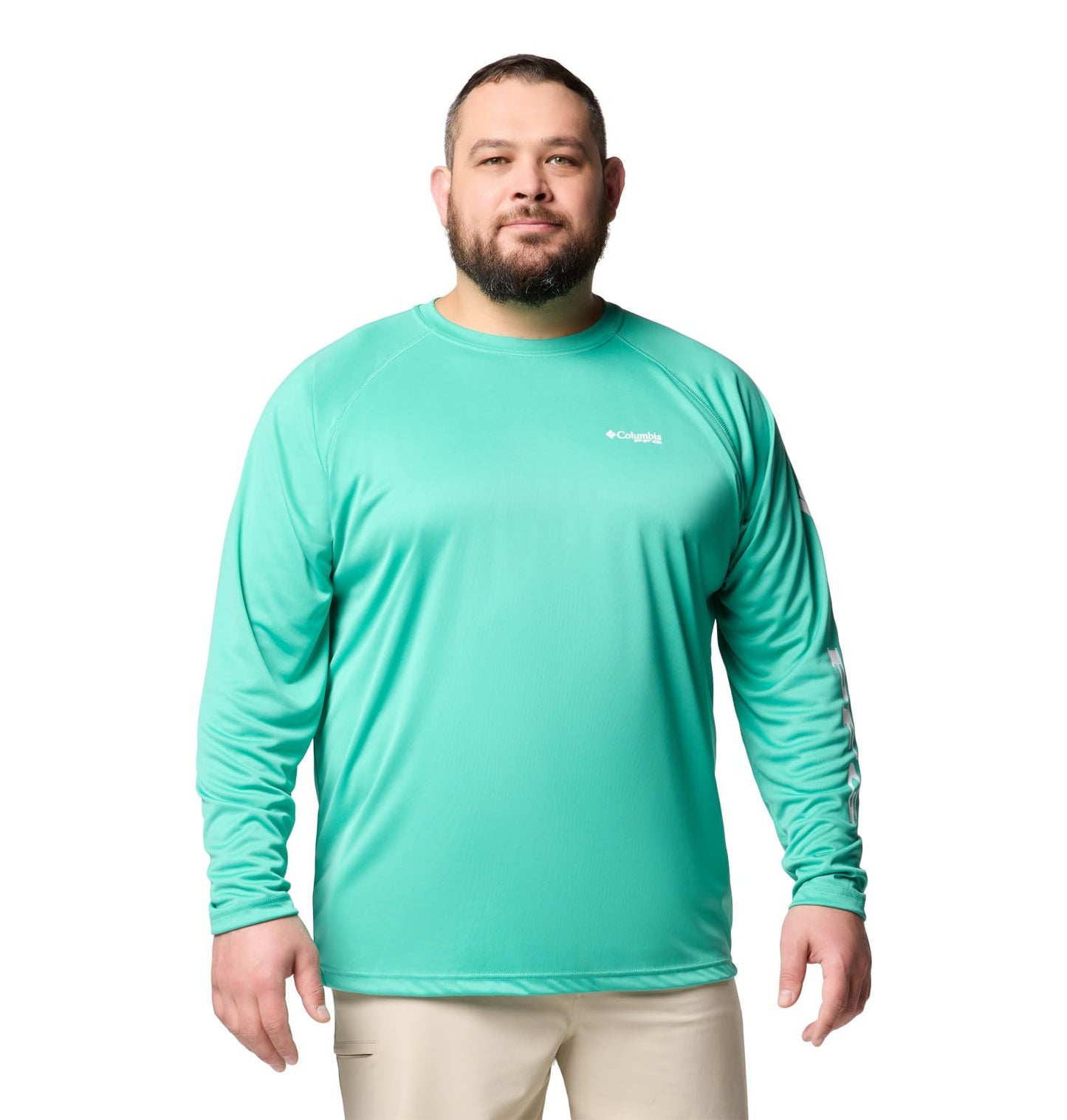 Columbia Men's PFG Terminal Tackle Long Sleeve Fishing Shirt, Glaze Green/White Logo, Small