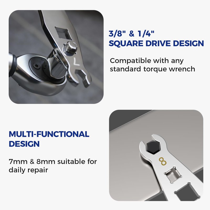 Vaasee Flare Nut Wrench 7mm 8mm with 1/4” 3/8” Drive, Cr-V Steel + Ni-Cr Plating Bike Brake Hoses Flare Nut Wrench Tool for Road Mountain Bikes