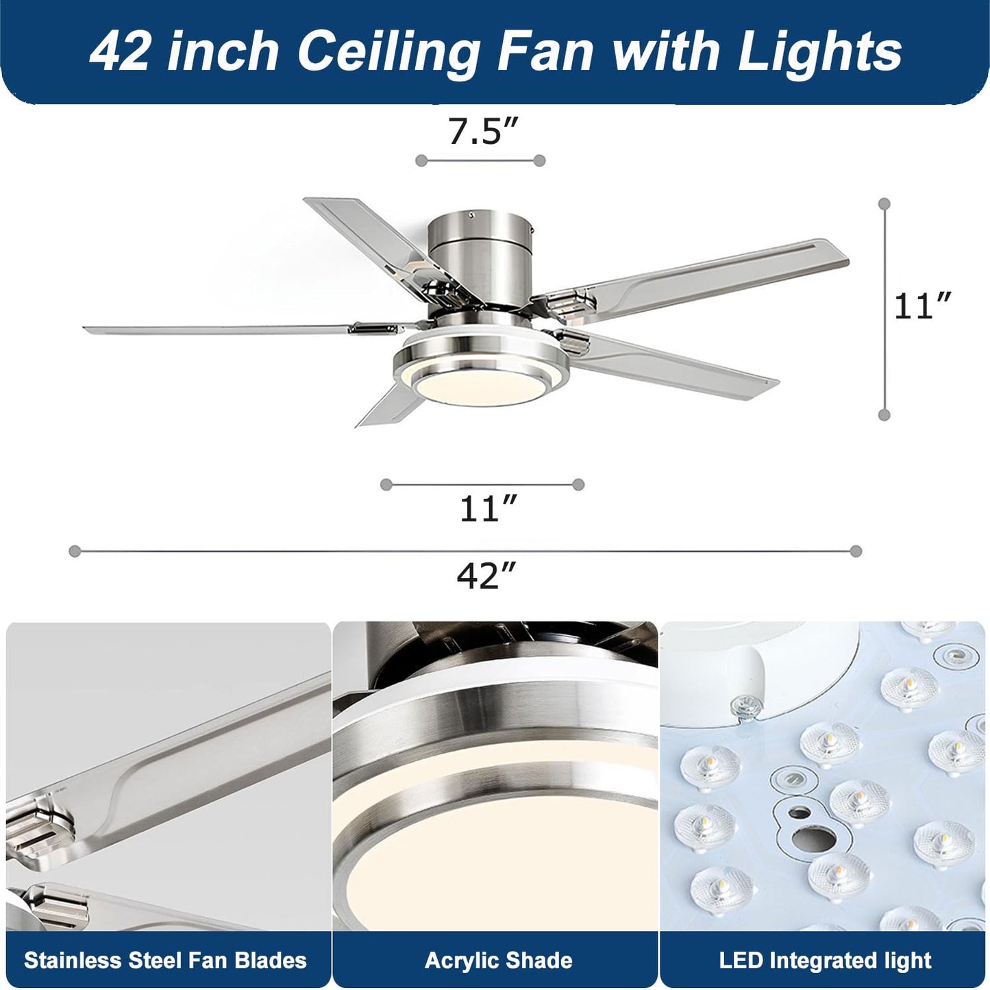 RIIGOOG 42 inch Ceiling Fans with Lights, Modern Low Profile Ceiling Fan with Light and Remote Control, Flush Mount, Reversible, 3CCT, Dimmable, Brushed Nickel Ceiling Fans for Bedroom Living Room