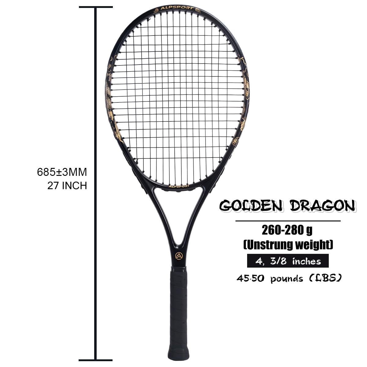 ALPSPORT JL Golden Dragon Pattern Tennis Racket for Adults 27 inch, Durable Pre-Strung Racquet with 1 Tennis Bag and 2 Tennis Balls, Outdoor Recreational Sport for Beginner Playing