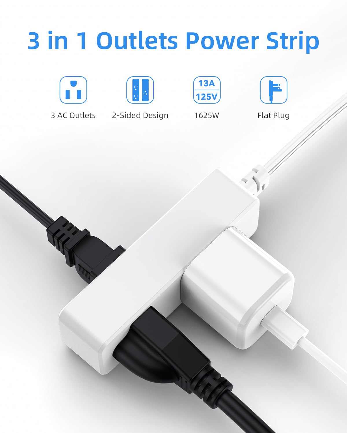 Flat Plug Extension Cord with 3 Outlets - 6 ft White Low Profile Indoor 3 Prong Grounded Power Strip for Home Office & Travel - 16/3 AWG, 13A/1625W