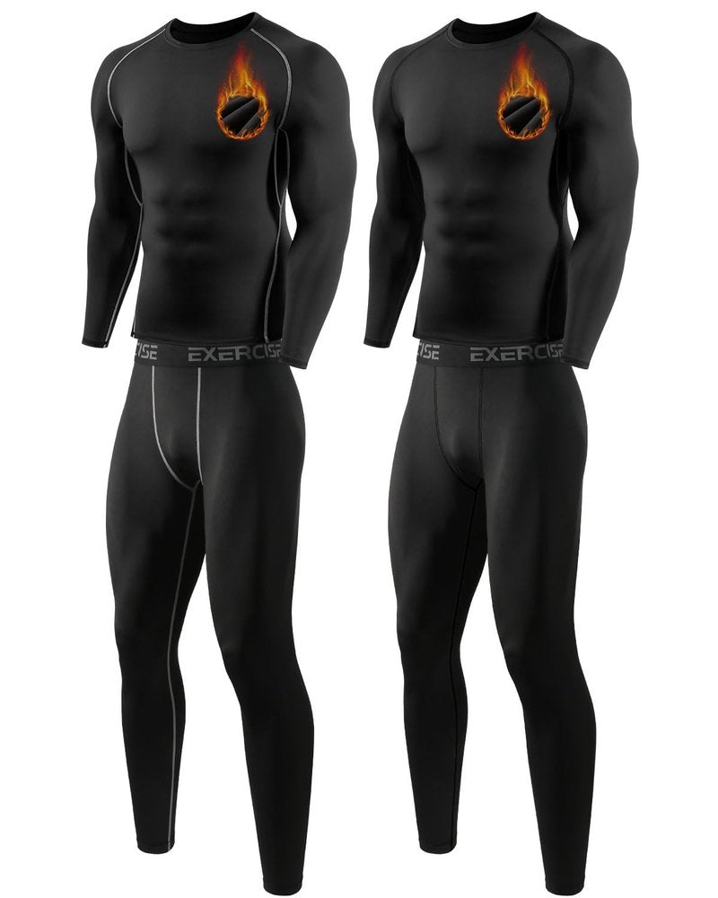 ATTIQOZI 2 Pack Thermal Underwear for Men Long Johns Fleece Lined Compression Pants Base Layer Cold Weather Top Bottom Black+Black(b) M
