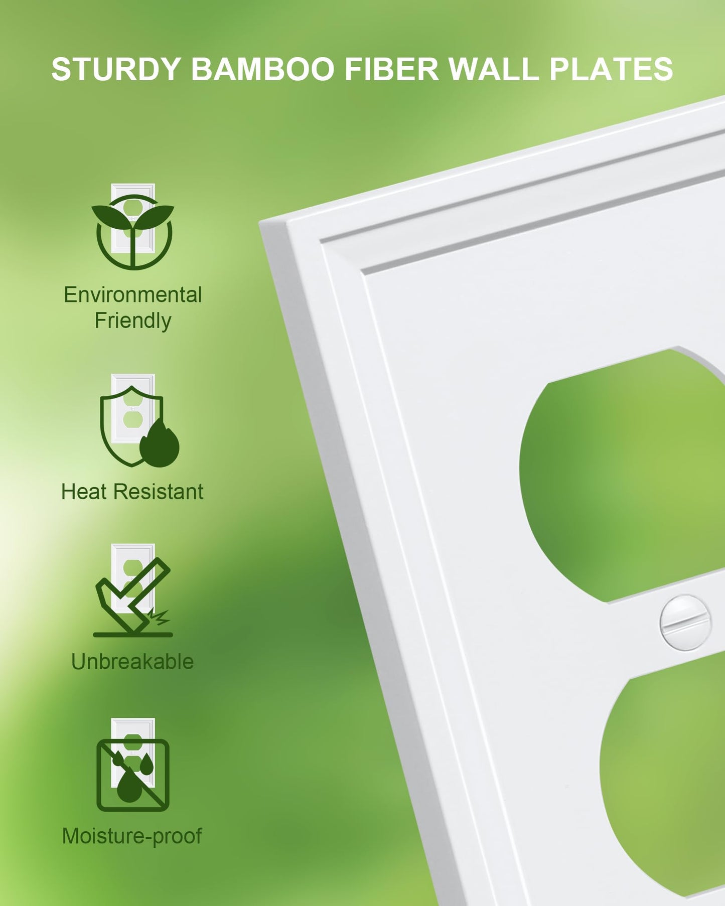 TREEWELL 2-Pack Duplex Outlet Cover, Natural Bamboo Fiber Switch Plates and Outlet Covers, White Decorative Wall Plates for Electrical Outlets, 1 Gang Receptacle Cover, Corrosion Resistant