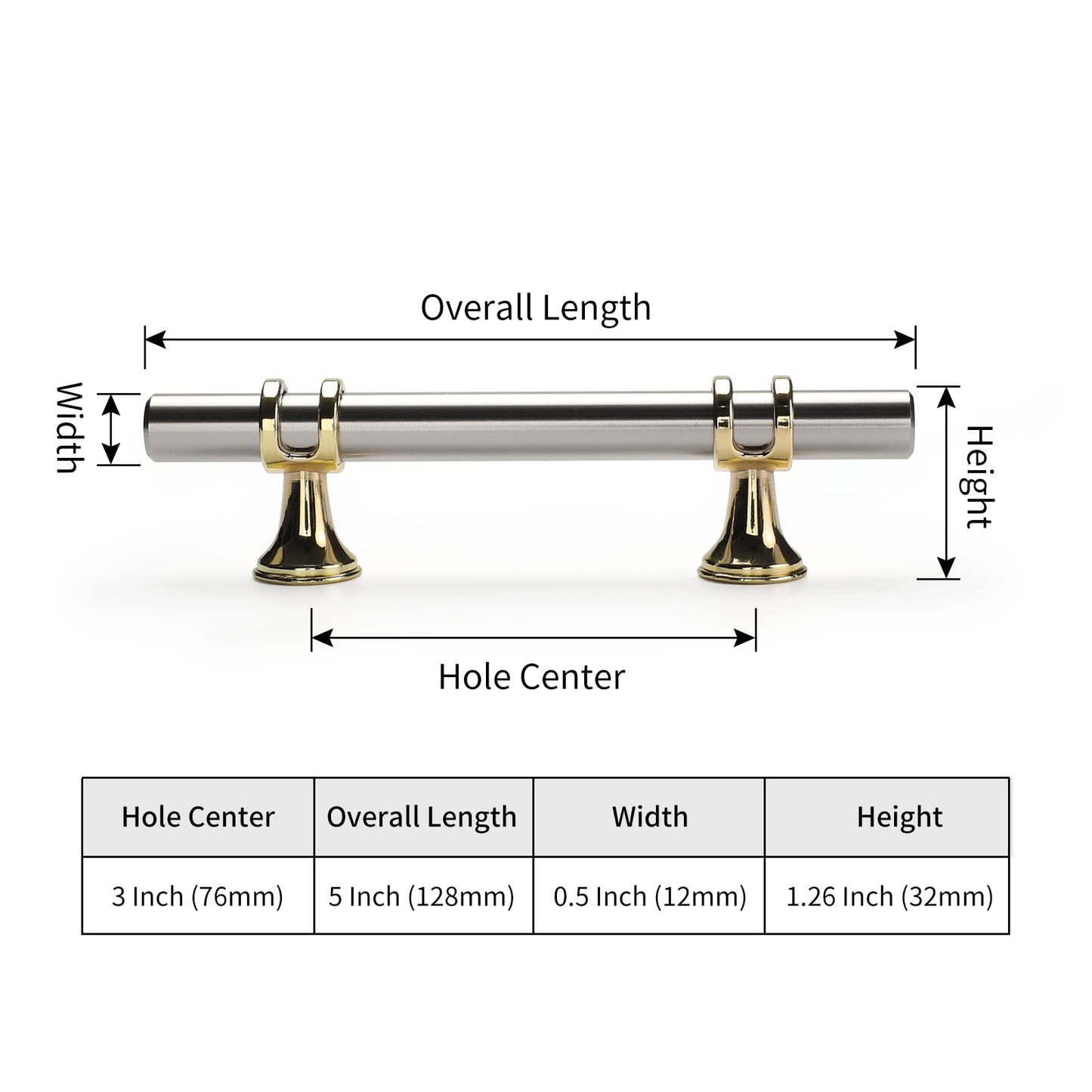 Rergy Cabinet Handles Drawer Pulls and Knobs, 5Pack Brushed Nickel and Gold 3inch Hole Center, Kitchen Hardware for Dresser Handle Zinc Alloy Furniture Pull