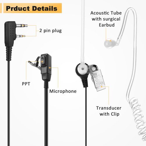 Weewooday 10 Pack Walkie Talkies Earpiece with PPT Mic 2 Pin Acoustic Tube Headset Earpiece Compatible with Baofeng UV-5R Retevis H-777 RT1 RT21 RT22 Arcshell AR-5 2 Ways