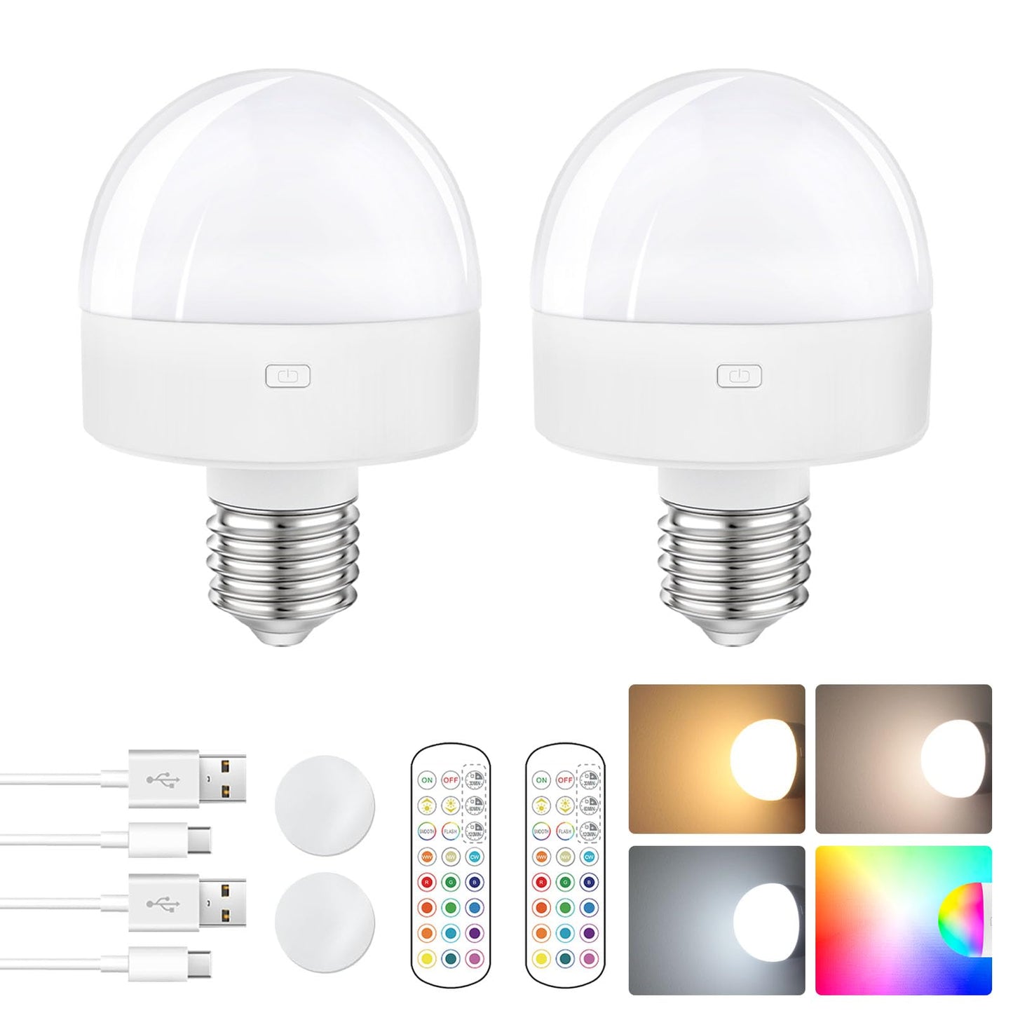 E26 Rechargeable Light Bulb with Remote,Battery Operated Backup Bulb for Sconces & Lamps,15 Colors Selectable,3 Timer,Dimmer,Wireless Puck Light Bulbs for Non-Hardwired,Detachable Charging,2 Pack