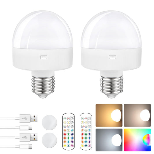 E26 Rechargeable Light Bulb with Remote,Battery Operated Backup Bulb for Sconces & Lamps,15 Colors Selectable,3 Timer,Dimmer,Wireless Puck Light Bulbs for Non-Hardwired,Detachable Charging,2 Pack