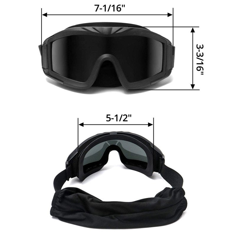 QWORK Outdoor Sports Military Airsoft Tactical Goggles with 3 Interchangable Lens for Riding, Black