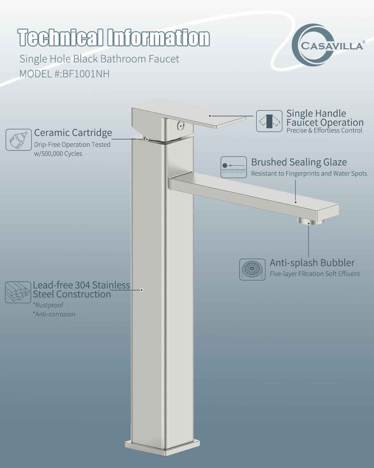 Casavilla Bathroom Faucet(2 Sets), Brushed Bathroom Sink Faucet Set with Pop Up Drain, Single Hole Single Handle High Barrel Sink Vanity, Stainless Steel Lead-Free