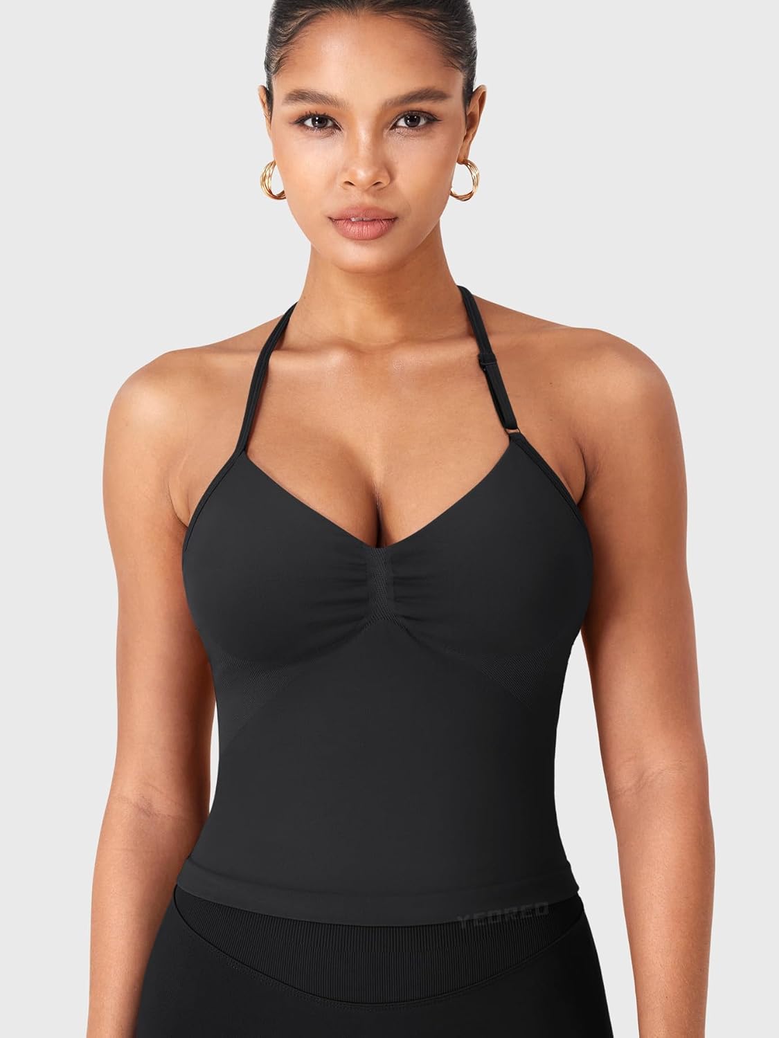 YEOREO SoftHue Impact Longline Halter Workout Tank Top - Adjustable Straps, Backless Design