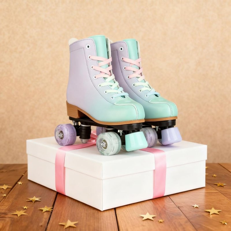 Gets Roller Skates for Girls and Women, Purple and Green PU Leather Light Up Women's Roller Derby Skates, Cute Adjustable Four-Wheel Beginner Outdoor Roller Skates for Youth (40)