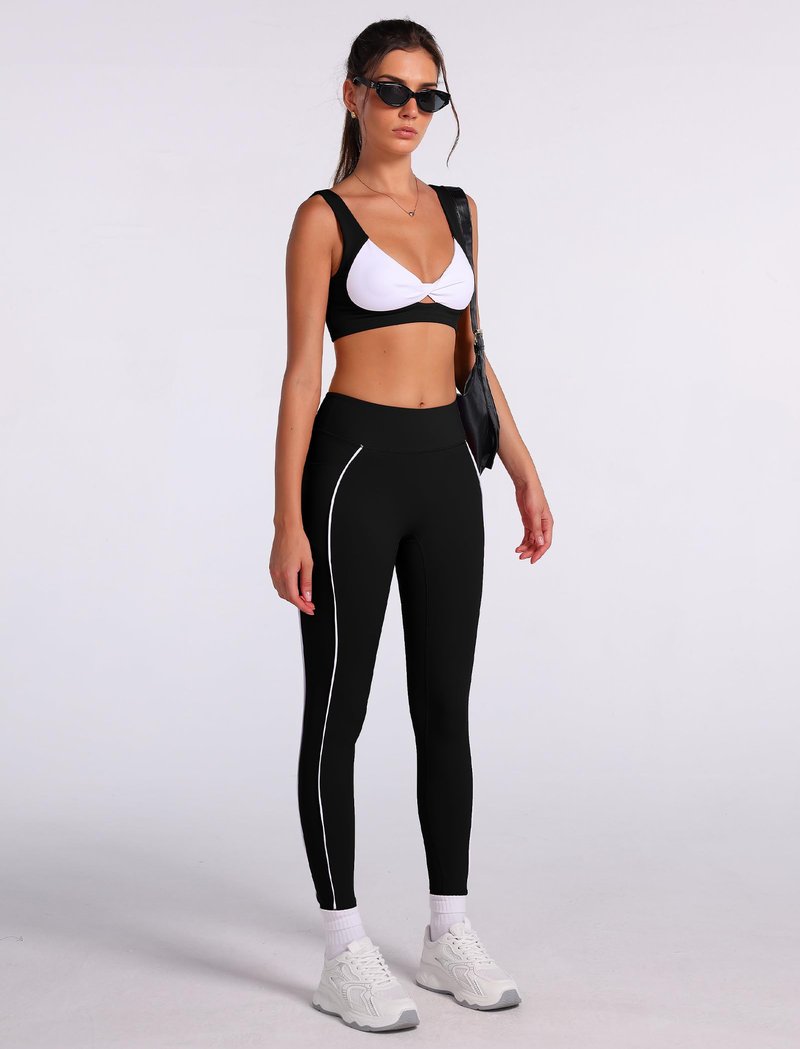 ABOCIW Workout Sets for Women 2 Piece Contrast Trims Twist Front Sports Bra High Waist Leggings with Pockets Gym Sets Activewear Yoga Pilates Outfits Black X-Large