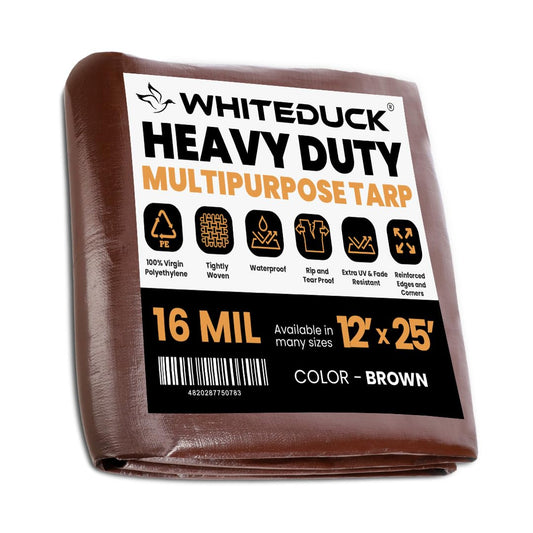 WHITEDUCK Super Heavy Duty Poly Tarp Cover 16 Mil & 10 Mil with Grommets and Reinforced Edges (Brown, White & Silver Black) (Brown- 16 Mil, 12' x 25')
