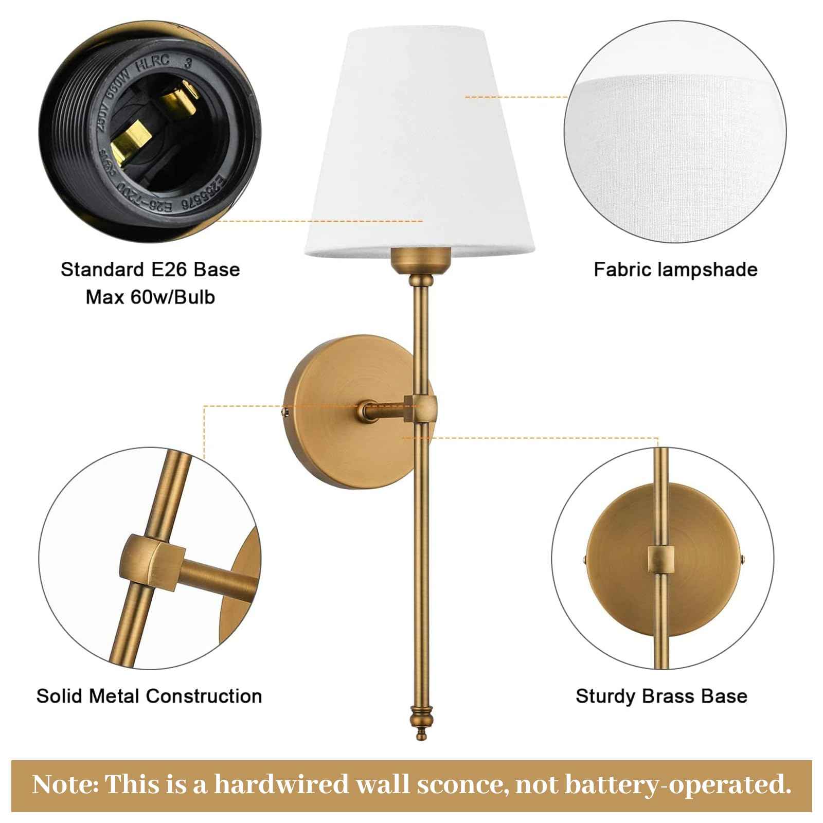 Bsmathom Wall Sconces Sets of 2, Hardwired Classic Brushed Brass Sconces Wall Lighting, Bathroom Vanity Light Fixture with Fabric Shade for Bedroom Living Room Hallway Kitchen, Gold