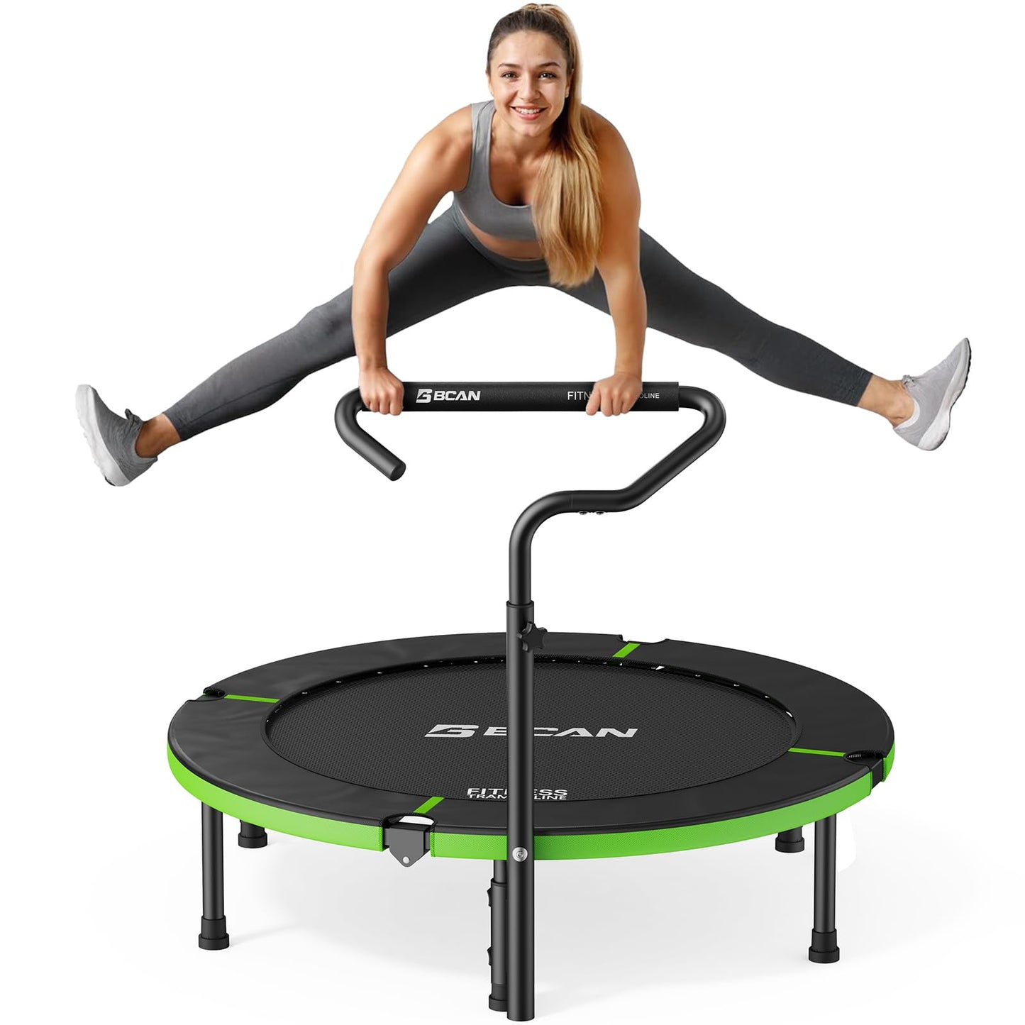BCAN SP3 40"/48" Foldable Mini Trampoline, Rebounder Trampoline for Adults, U/T Adjustable Foam Handle, Exercise Rebounder for Adults Indoor/Garden Workout, Max Load 330lbs/440lbs-40T-Green