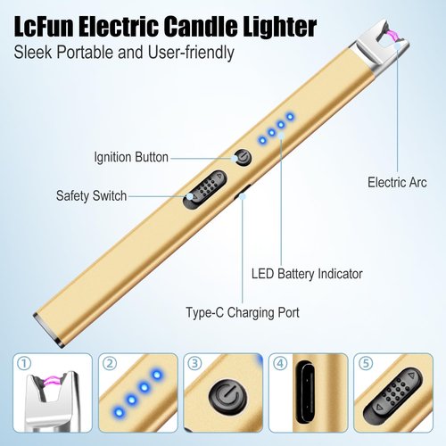 LcFun Electric Candle Lighter - USB Rechargeable Plasma Arc with Safety Lock | Windproof & Flameless (Black, Silver, Gold)
