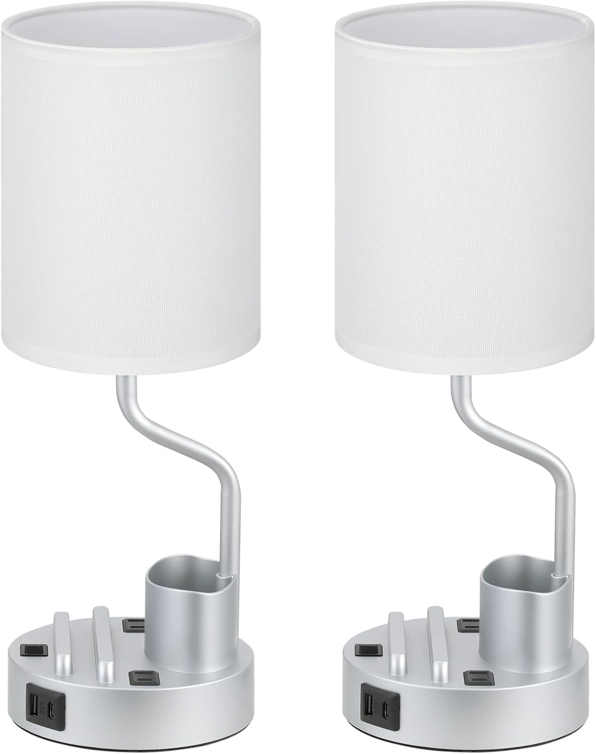 Set of 2 Bedside Table Lamps with USB & AC Outlet - 3 Color Temperatures, Desk Light & Phone Stand for Bedroom, Living Room, Office