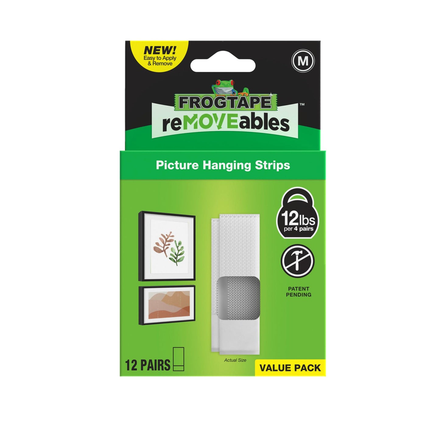 FrogTape reMOVEables Medium Picture Hanging Strips, Damage-Free Removable Adhesive Wall Strips, Picture Hangers, Stick On Wall Mounting for Frames, Canvas, Home Décor, White, 12 Pairs (24 Pieces)