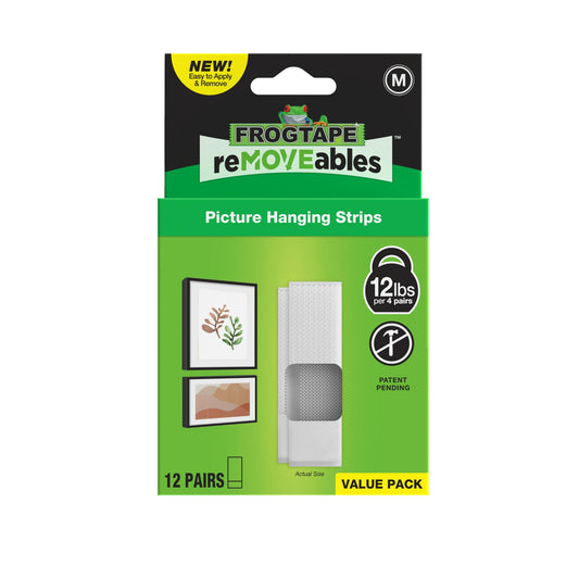 FrogTape reMOVEables Medium Picture Hanging Strips, Damage-Free Removable Adhesive Wall Strips, Picture Hangers, Stick On Wall Mounting for Frames, Canvas, Home Décor, White, 12 Pairs (24 Pieces)
