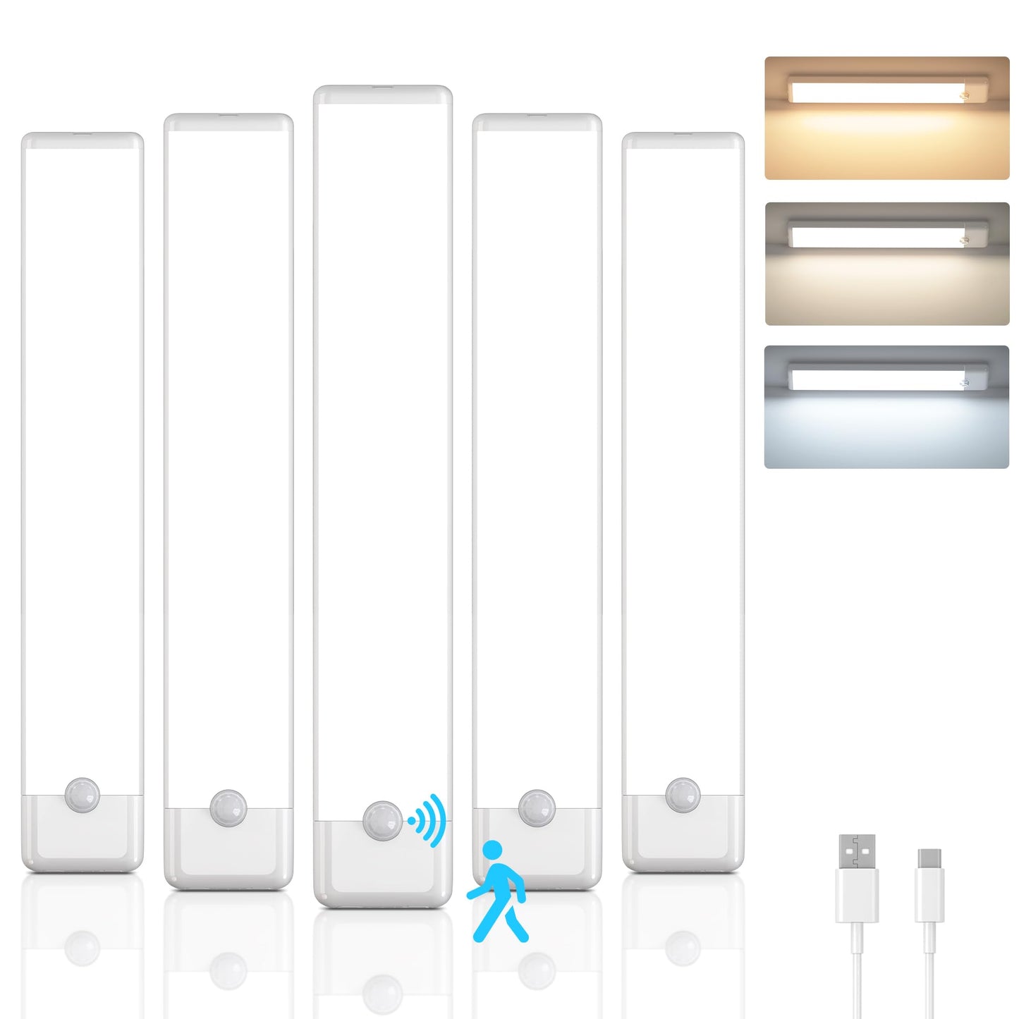 YLXS 5-Pack Motion Sensor Under Cabinet Light, 3 Color Temperature Dimmable Rechargeable Magnetic Closet Light 7.9 inch Wireless Under Counter Light