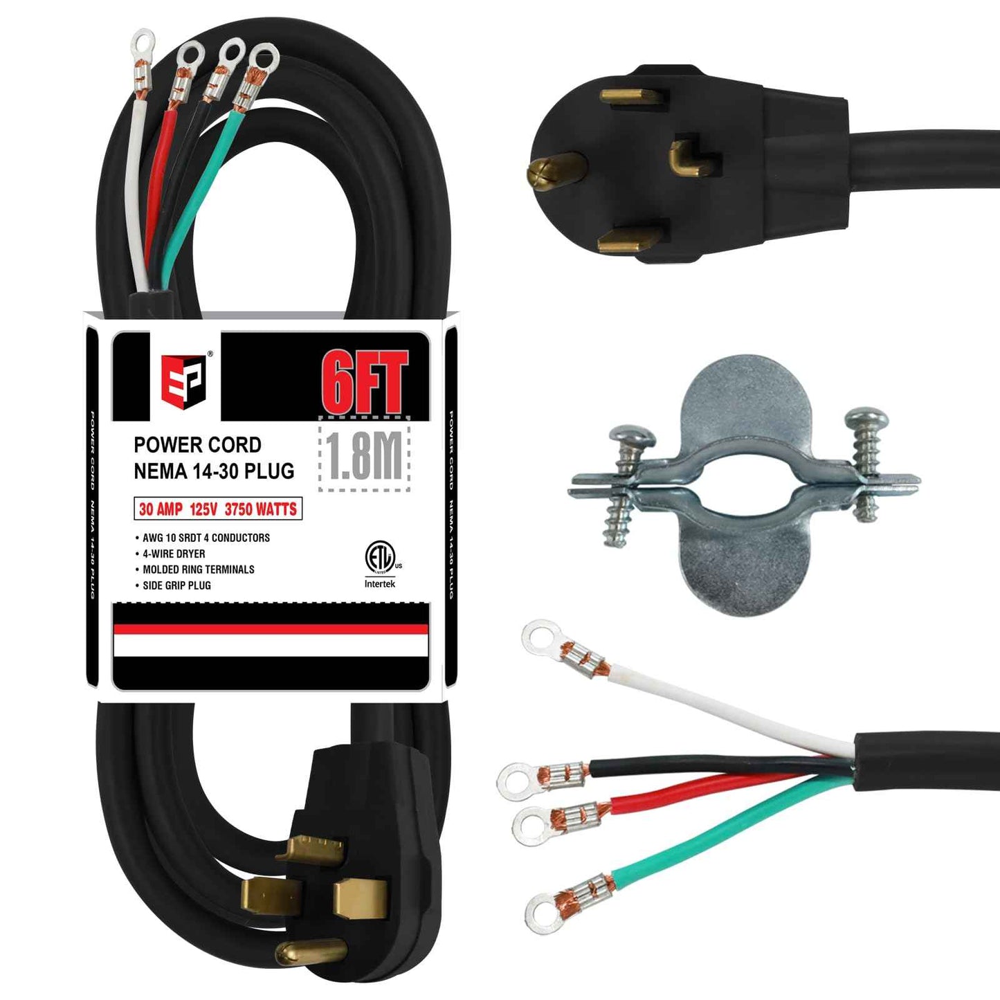 EP 4 Prong Dryer Cord, 6 ft 10/4 SRDT, 30Amp Appliance Extension Power Cord, NEMA 14-30, Black