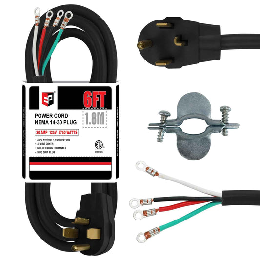 EP 4 Prong Dryer Cord, 6 ft 10/4 SRDT, 30Amp Appliance Extension Power Cord, NEMA 14-30, Black