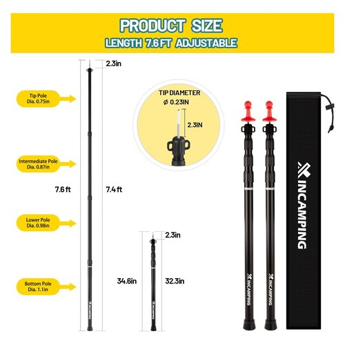 Adjustable Heavy Duty Tarp Poles 7.6FT,XINCAMPING Aluminum Tent Poles with Protection Cap - 4 Pack Rust-Proof Awning Poles for Camping, Hiking, Canopy & Outdoor Shelter