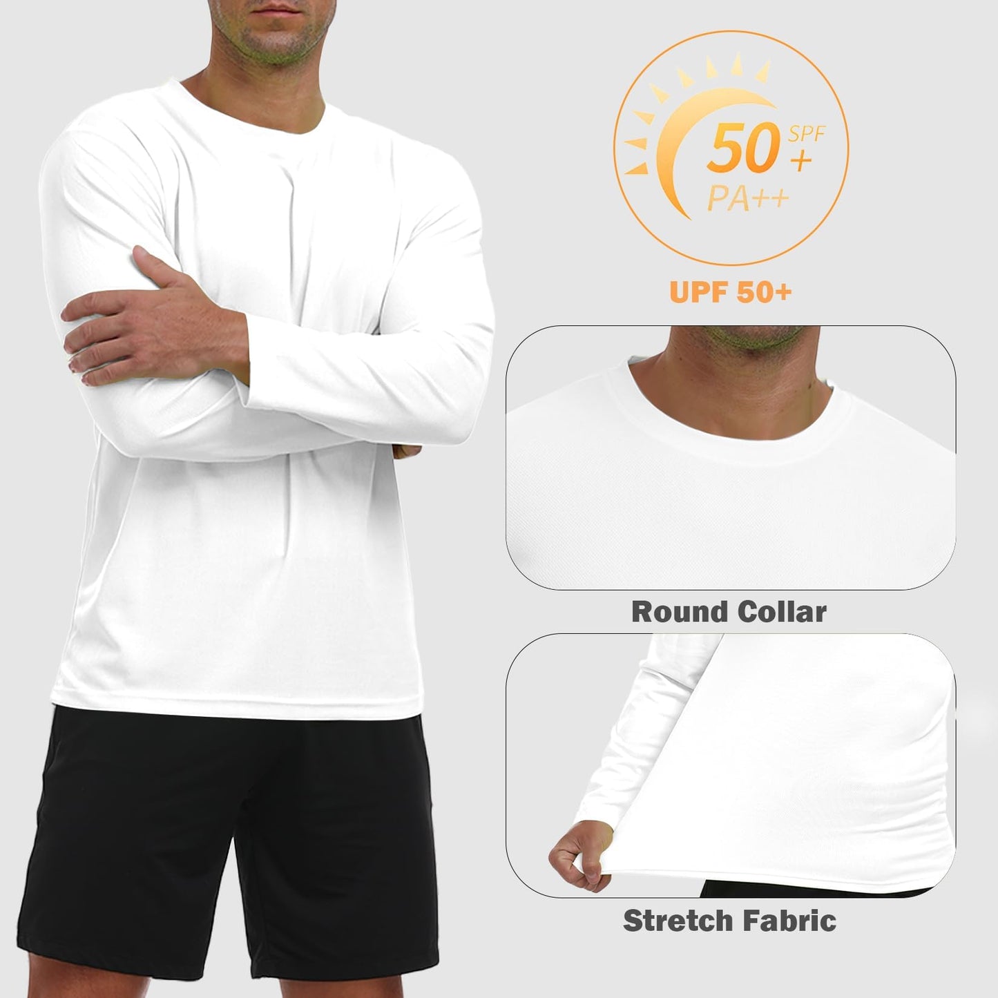 Mens Long Sleeve Shirts UPF 50+ Sun Protection Tee Shirts Tops White L