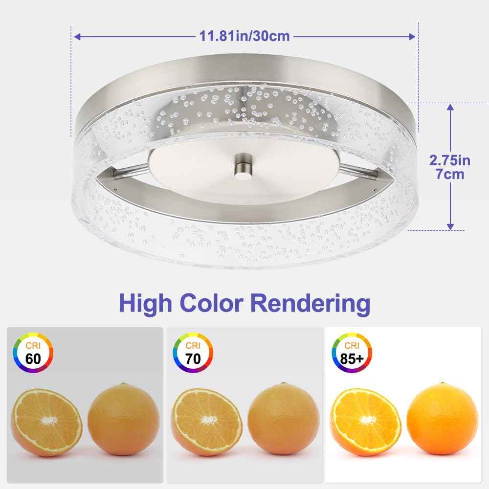 Modern 12-Inch LED Crystal Flush Mount Chandelier - Dimmable Ceiling Light for Dining Room, Bedroom & Kitchen - Brushed Nickel Finish