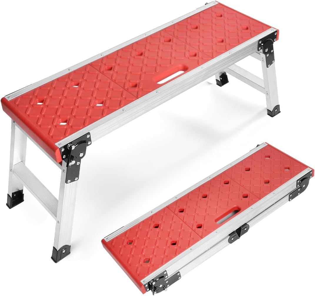 LEADALLWAY Folding Work Platform with Anti-Slip Feet Cover, Practical Step Ladder for Home Garage, Maximum Load 330lbs, Red