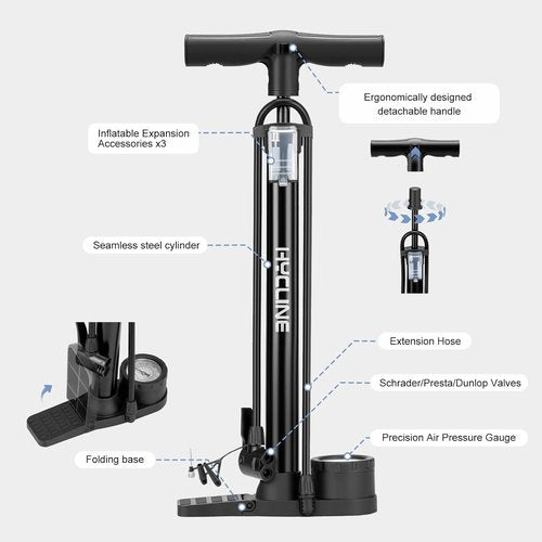 Hycline Bike Pump - 160 PSI High-Pressure Floor Pump with Gauge for Road, MTB & BMX Tires
