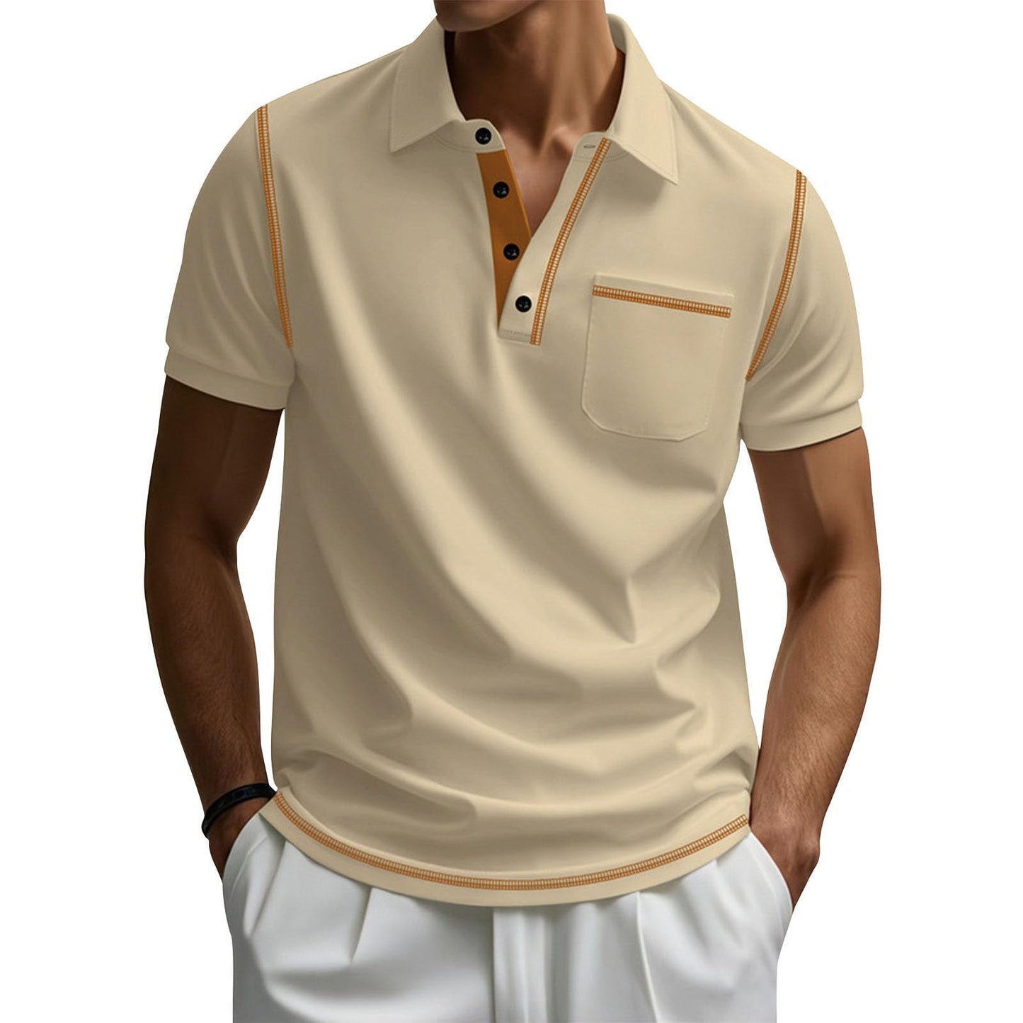 Men's Polo Shirts Button Down Collared Top Short Sleeve V Neck Solid T-Shirt Fitted Comfy Soft Casual Tops Summer Tees Beige