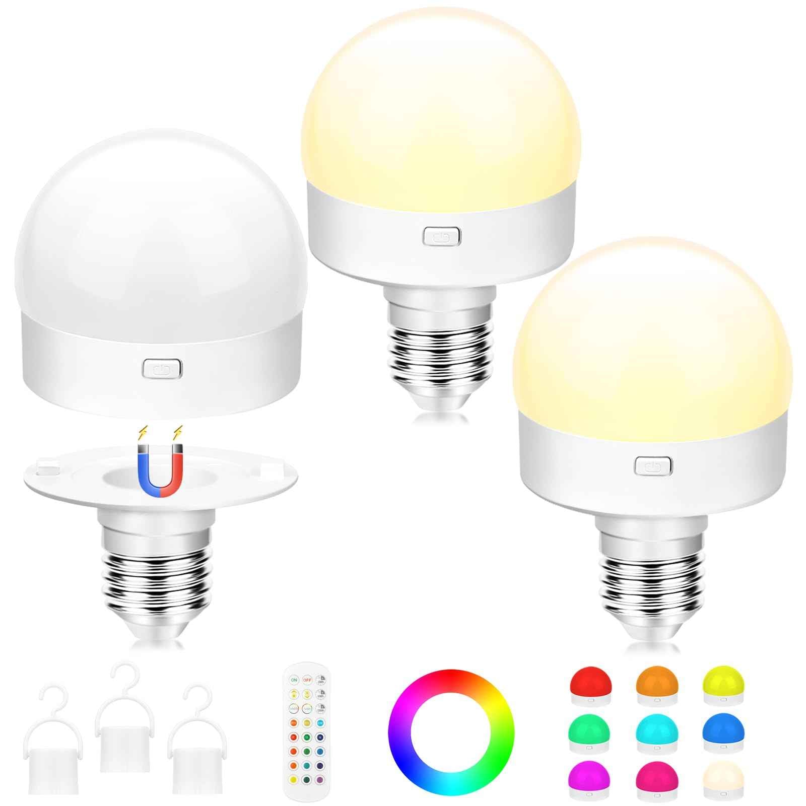 Aokpsrt E26 Rechargeable Light Bulbs with Remote Control, 15 Colors & 2000mAh LED Battery Operated Bulb with Timer & Dimmable, Wireless Puck Lights Bulb for Home 3 Packs