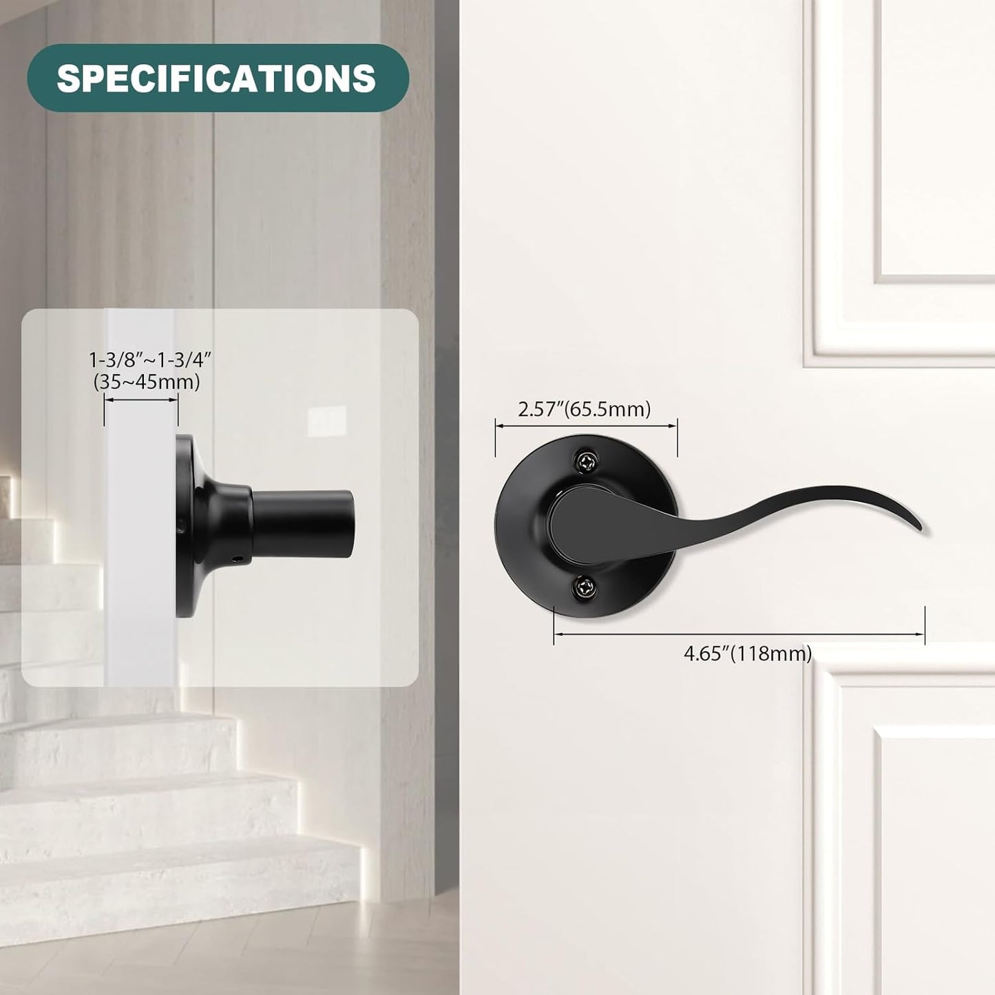 Black Privacy Door Levers - 6 Pack Keyless Modern Wave Handles for Bedrooms