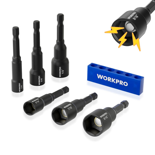 WORKPRO 6 PCS Magnetic Nut Driver Set, Metric & SAE, 1/4" Hex Shank, Drill Socket Set, Impact Driver Bit Set, 1/4” to 9/16”, Chrome Vanadium Steel