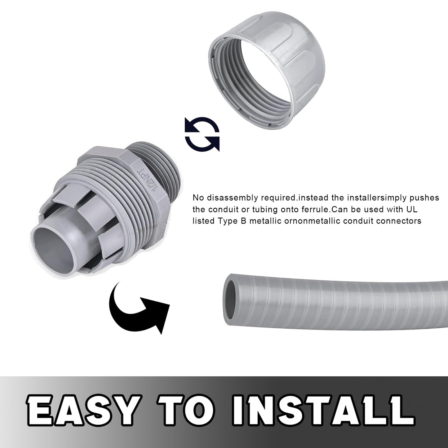 1/2 inch Liquid Tight Connector PVC Flexible Conduit Connector, UL Listed Conduit Fittings 100 Pack (50 pcs 180D/50pcs 90D)