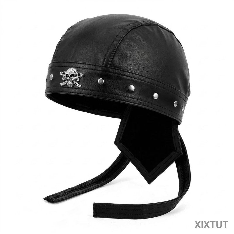 XIXTUT Leather Skull Cap Bandana Doo Do Rag for Women/Girl Biker Party Leather Studs Headwrap for Motorcycling Men Black