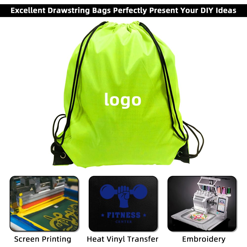 GoodtoU Drawstring Backpacks, 100 Pieces Drawstring Bags Nylon Backpack for Sport, Traveling, Team (Fluorescent Green)