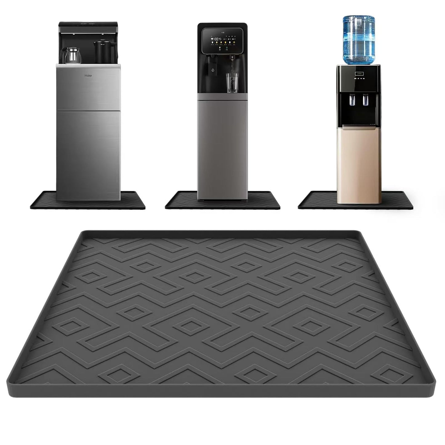 Water Cooler Mat – 19.7" x 19.7" Silicone Water Dispenser Mat for Floor & Countertop, Spill-Proof & Waterproof Tray for Coffee Maker, Kitchen, Pets, Office Use (Black, 19.7' * 19.7')