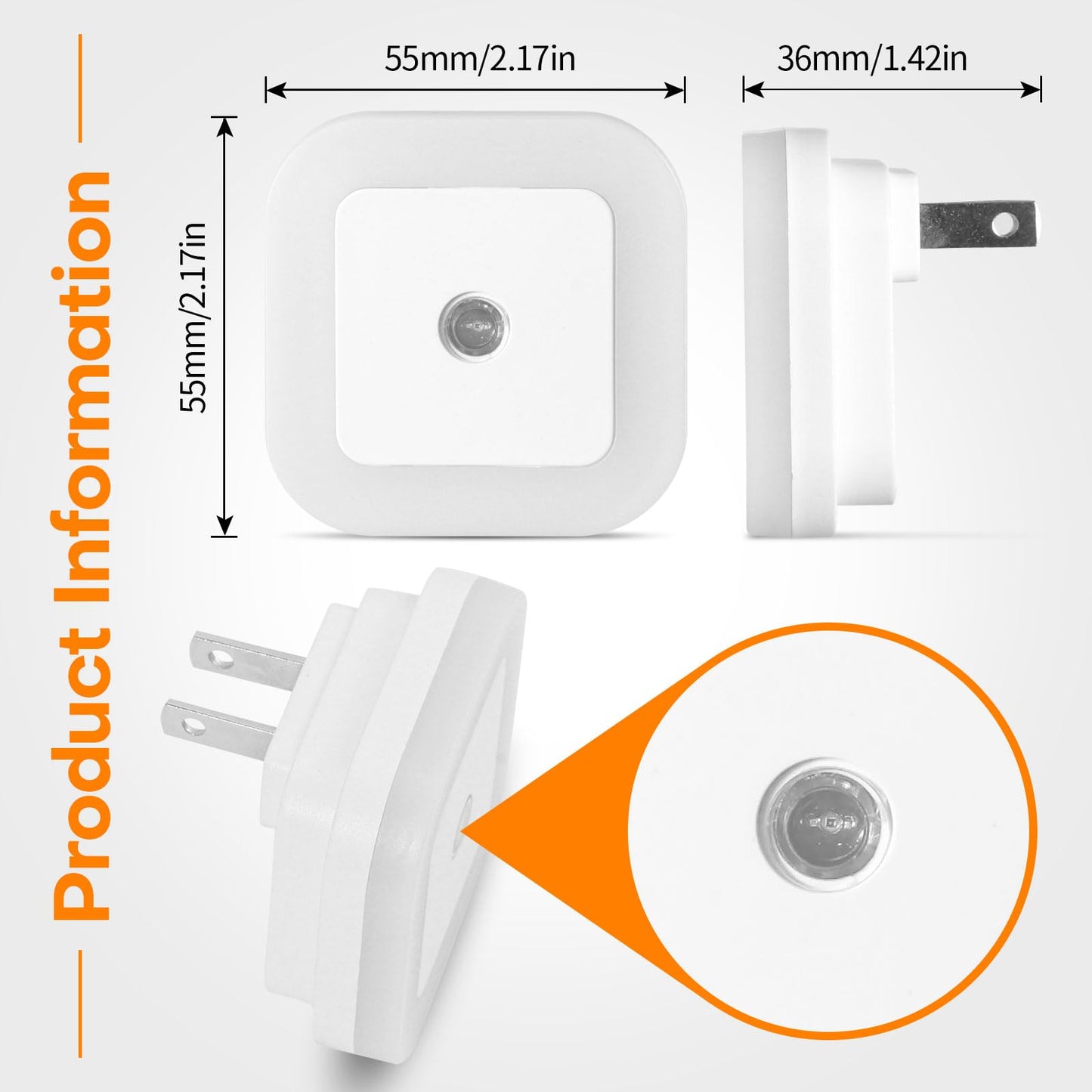 Amligy Night Light, 0.5W Daylight White LED Plug-in Night Light with Dusk to Dawn Sensor, Pack of 6 - Designed for Kids Room,Bedroom, Bathroom, Stairs, Kitchen