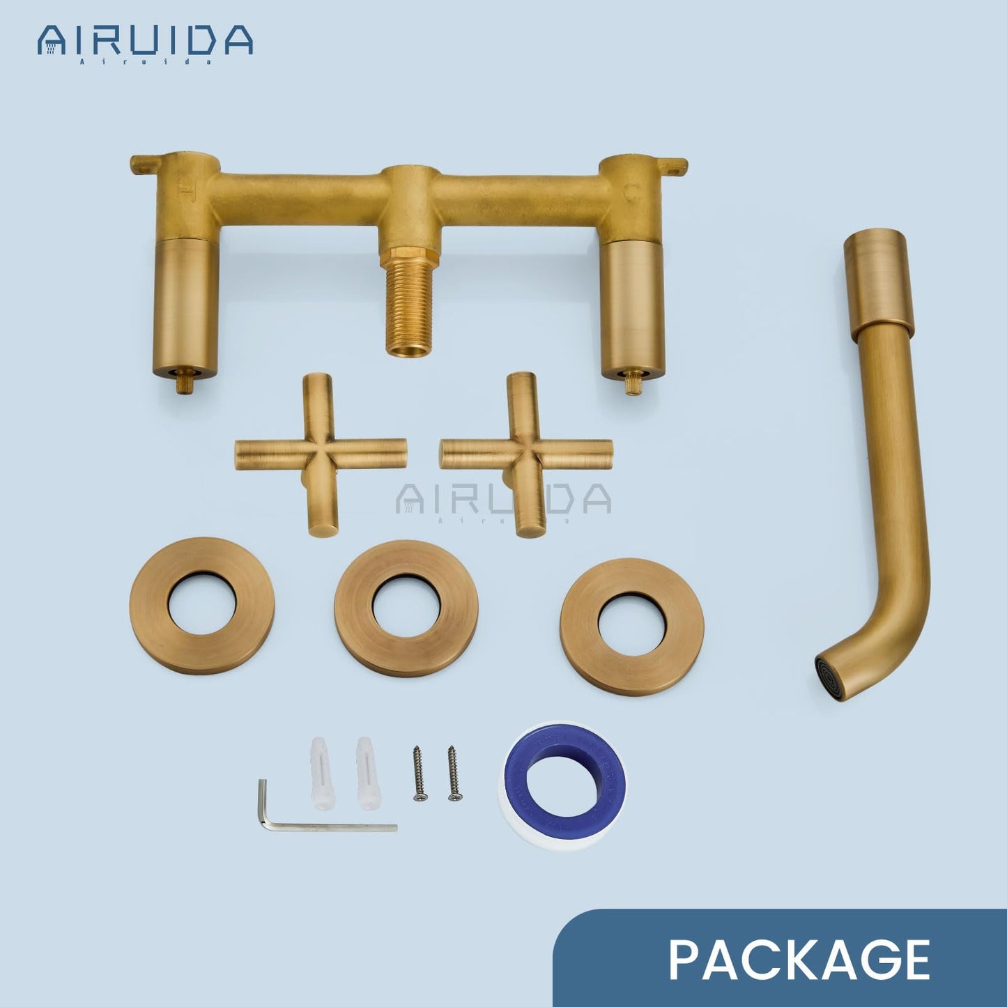 Airuida Solid Brass Widespread Wall Mount Bathroom Faucet with 360 Swivel Spout Wall Mounted Lavatory Faucet Vanity Sink Mixer Tap with Rough in Valve and Double Cross Handles Antique Brass