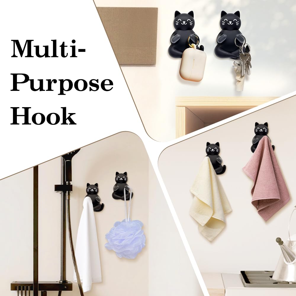 Mhfpl Cute Cat Waterproof Self-Adhesive Shower Hook Set, Funny Black Cat Razor Holder Bathroom Accessories for Men Women Cat Lover, Cat Lover Gifts for Women Men, Black Cat Bathroom Decor