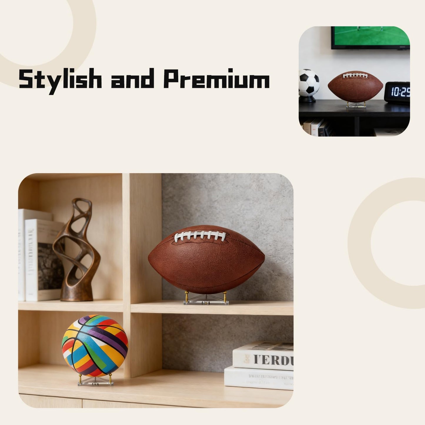 DHSUN 3-Pack Acrylic Football Display Stand, Basketball Display Stand with Gold Metal Rods, Ideal for Displaying Basketballs, Footballs, Soccer Balls, and Volleyballs