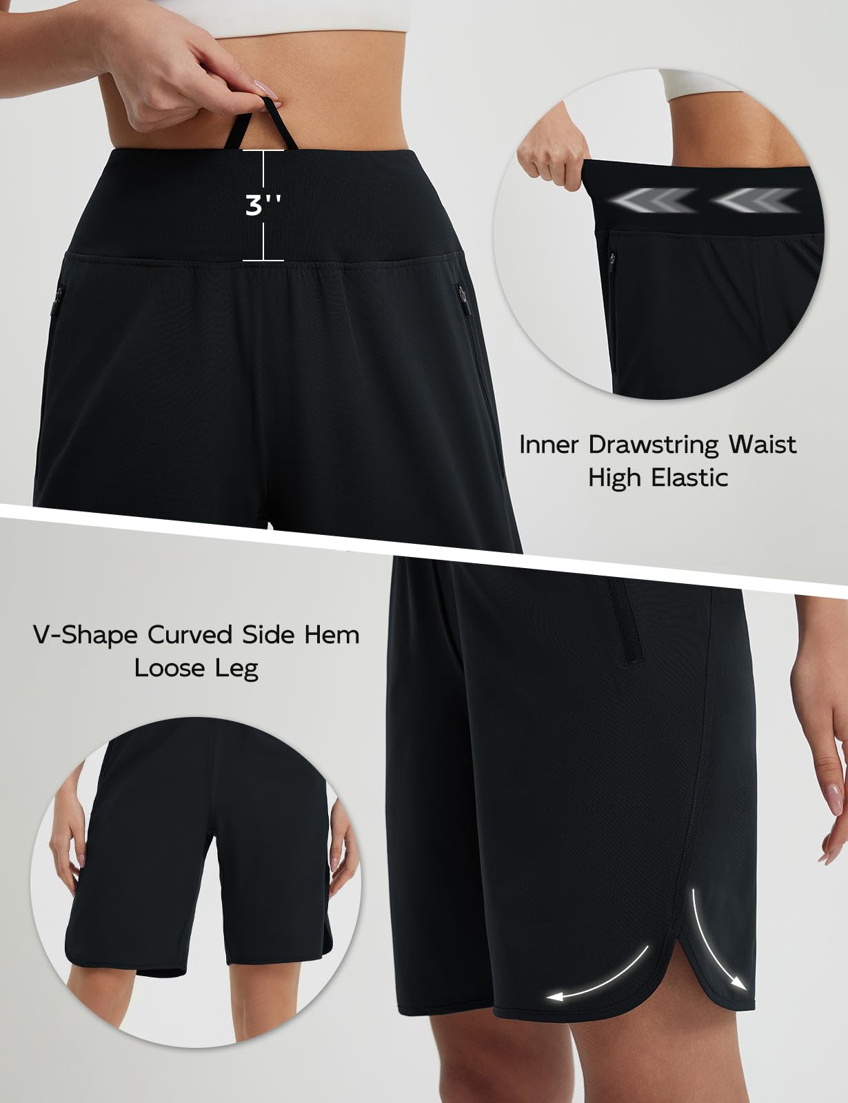 baleaf Women's Bermuda Long Shorts 9" Above Knee Length High Waisted Athletic Running Shorts with Zipper Pockets Quick Dry Loose Casual Summer UPF 50+ Black M